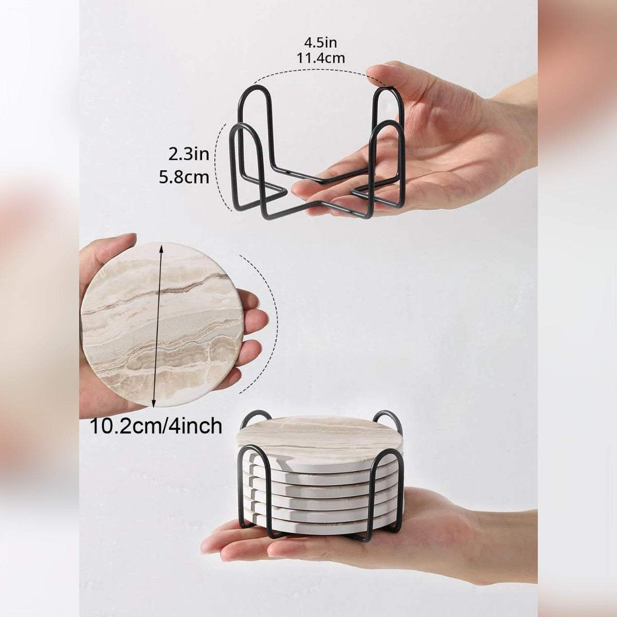 Lasinalusten mitat: Ø 10,2 cm; teline on 11,4 cm leveä ja 5,8 cm korkea
