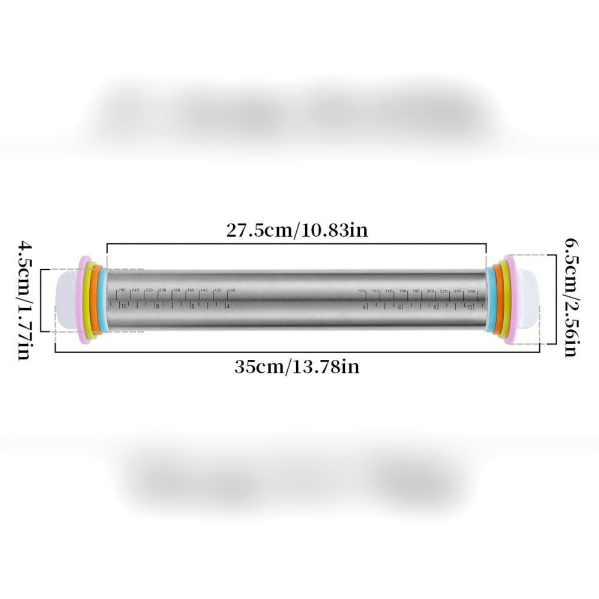 Kaulimen mitat: pituus 35 cm, kaulintaosa 27,5 cm, putki Ø 4,5 cm ja suurin rengas Ø 6,5 cm