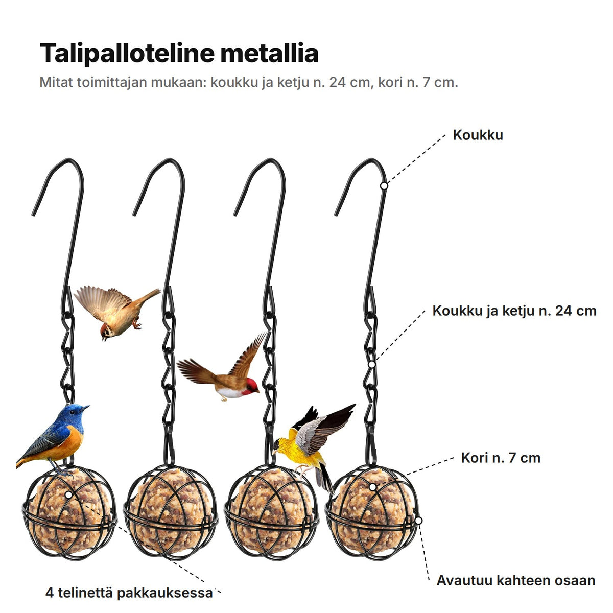 Talipalloteline selitettynä: koukku, koukku ja ketju n. 24 cm, n. 7 cm:n kori, joka avautuu kahteen osaan, 4 telinettä pakkauksessa