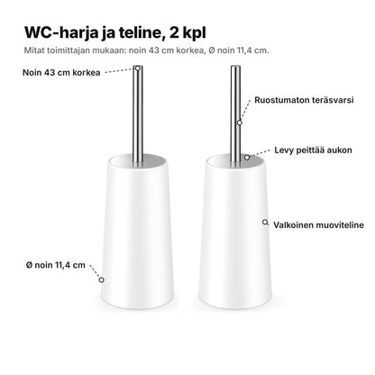WC-harja selitettynä: noin 43 cm korkea, Ø noin 11,4 cm, ruostumaton teräsvarsi, levy peittää aukon, valkoinen muoviteline