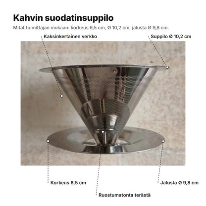 Suodatinsuppilo selitettynä: kaksinkertainen verkko, suppilo Ø 10,2 cm, jalusta Ø 9,8 cm, korkeus 6,5 cm, ruostumatonta terästä