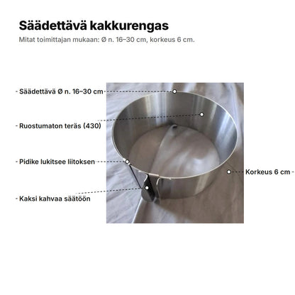 Kakkurengas selitettynä: säädettävä Ø n. 16–30 cm, ruostumaton teräs (430), liitoksen lukitseva pidike, kaksi kahvaa säätöön ja korkeus 6 cm