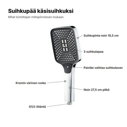 Suihkupää selitettynä: suihkupinta noin 10,5 cm, 3 suihkutapaa, painike, noin 27,5 cm pitkä, kromin värinen runko ja G1/2-liitäntä