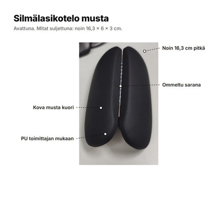 Silmälasikotelo musta selitettynä: noin 16,3 cm pitkä, ommeltu sarana, kova musta kuori, PU toimittajan mukaan
