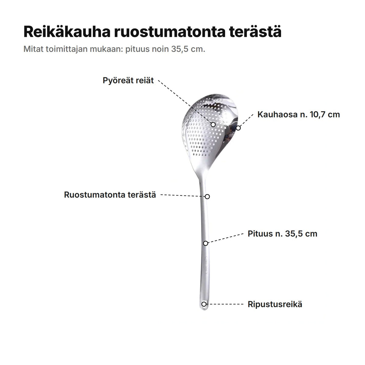 Reikäkauha selitettynä: noin 10,7 cm kauhaosa pyöreillä rei'illä, ruostumaton teräs, pituus noin 35,5 cm ja ripustusreikä