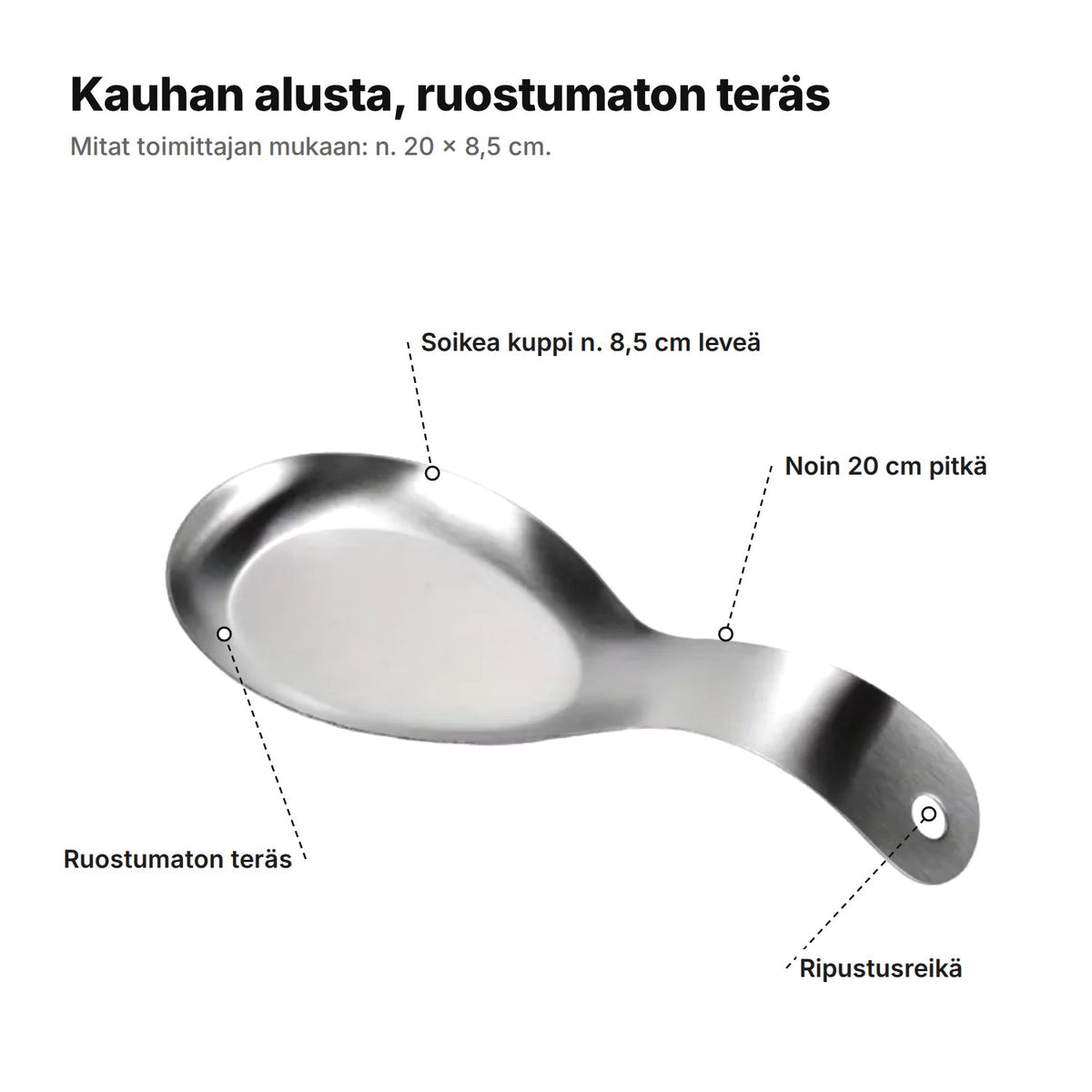 Kauhan alusta selitettynä: soikea kuppi n. 8,5 cm, pituus noin 20 cm, ripustusreikä ja ruostumaton teräs