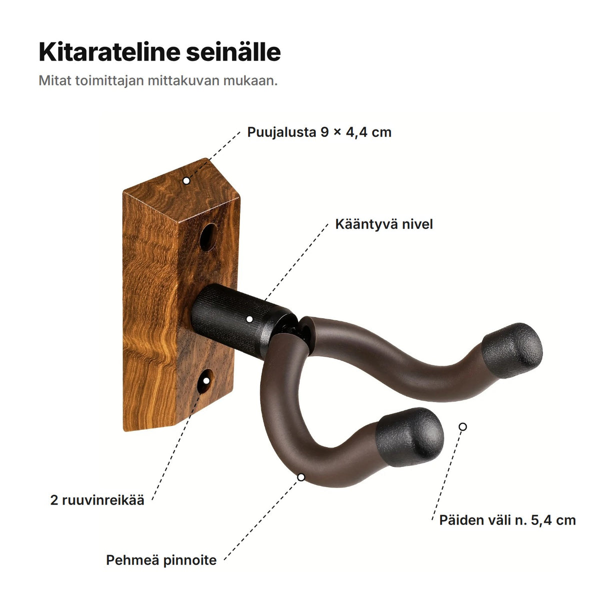 Kitarateline selitettynä: puujalusta 9 × 4,4 cm, kaksi ruuvinreikää, kääntyvä nivel, pehmeä pinnoite ja päiden väli noin 5,4 cm