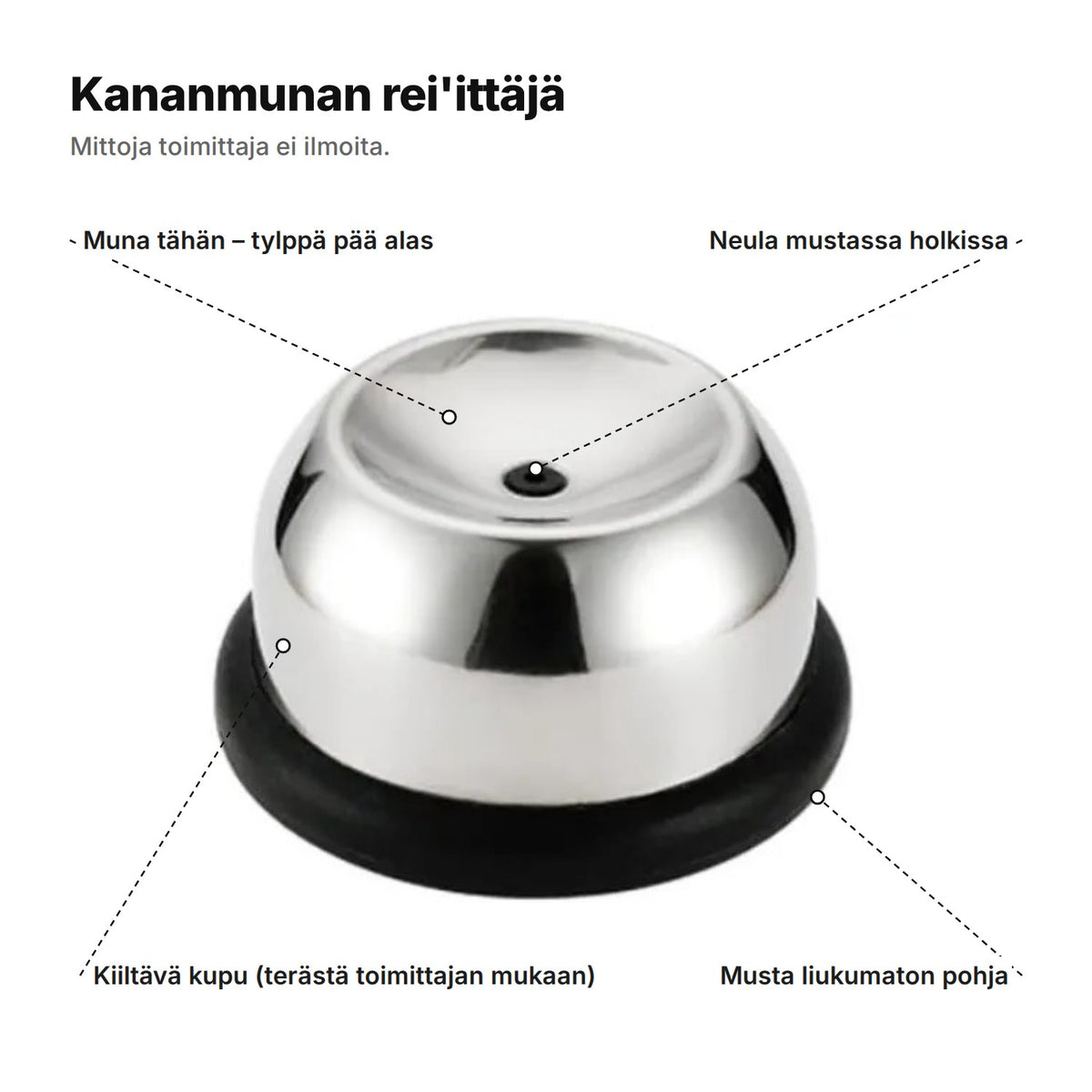 Kananmunan rei'ittäjä selitettynä: muna tylppä pää alaspäin, neula mustassa holkissa, kiiltävä kupu ja musta liukumaton pohja