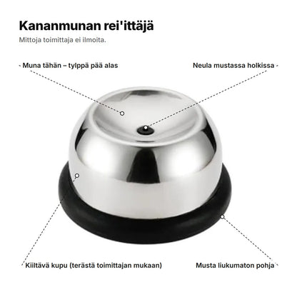Kananmunan rei'ittäjä selitettynä: muna tylppä pää alaspäin, neula mustassa holkissa, kiiltävä kupu ja musta liukumaton pohja