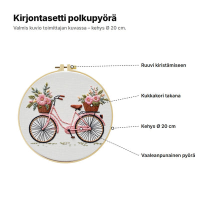 Kirjontasetti polkupyörä selitettynä: ruuvi kehyksen kiristämiseen, kukkakori takana, kehys Ø 20 cm ja vaaleanpunainen pyörä