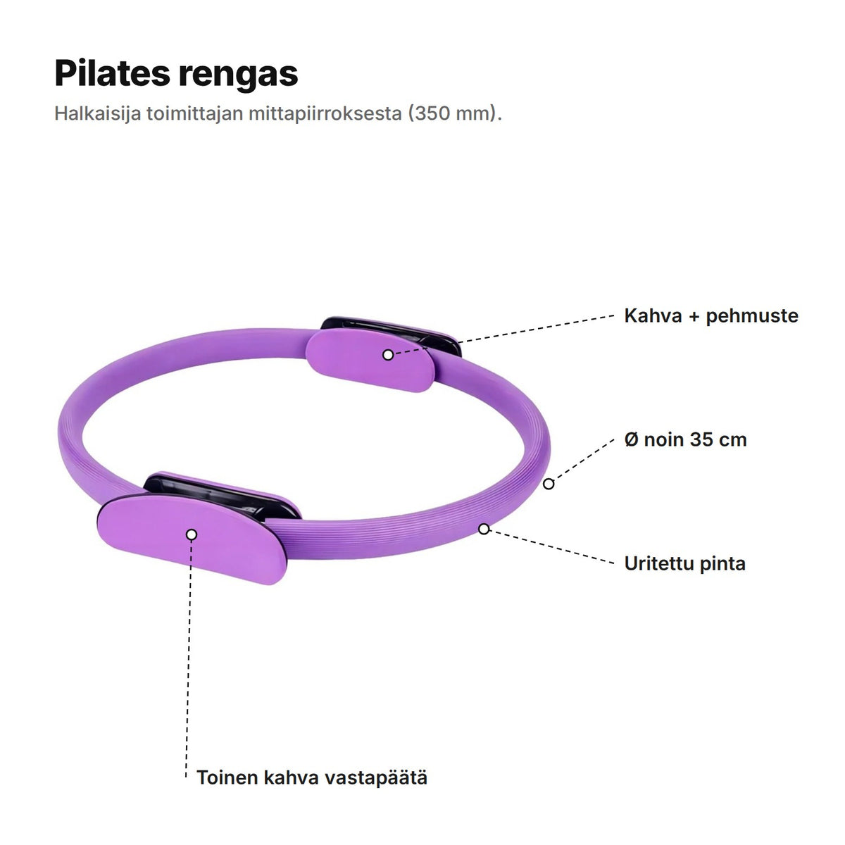 Violetti pilates rengas: kahva ja pehmuste, halkaisija noin 35 cm, uritettu pinta ja toinen kahva vastapäätä