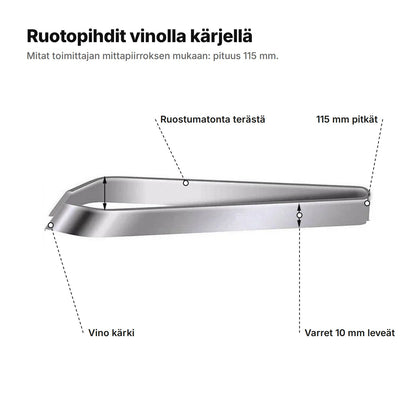 Ruotopihdit selitettynä: ruostumatonta terästä, vino kärki, pituus 115 mm ja varret 10 mm leveät