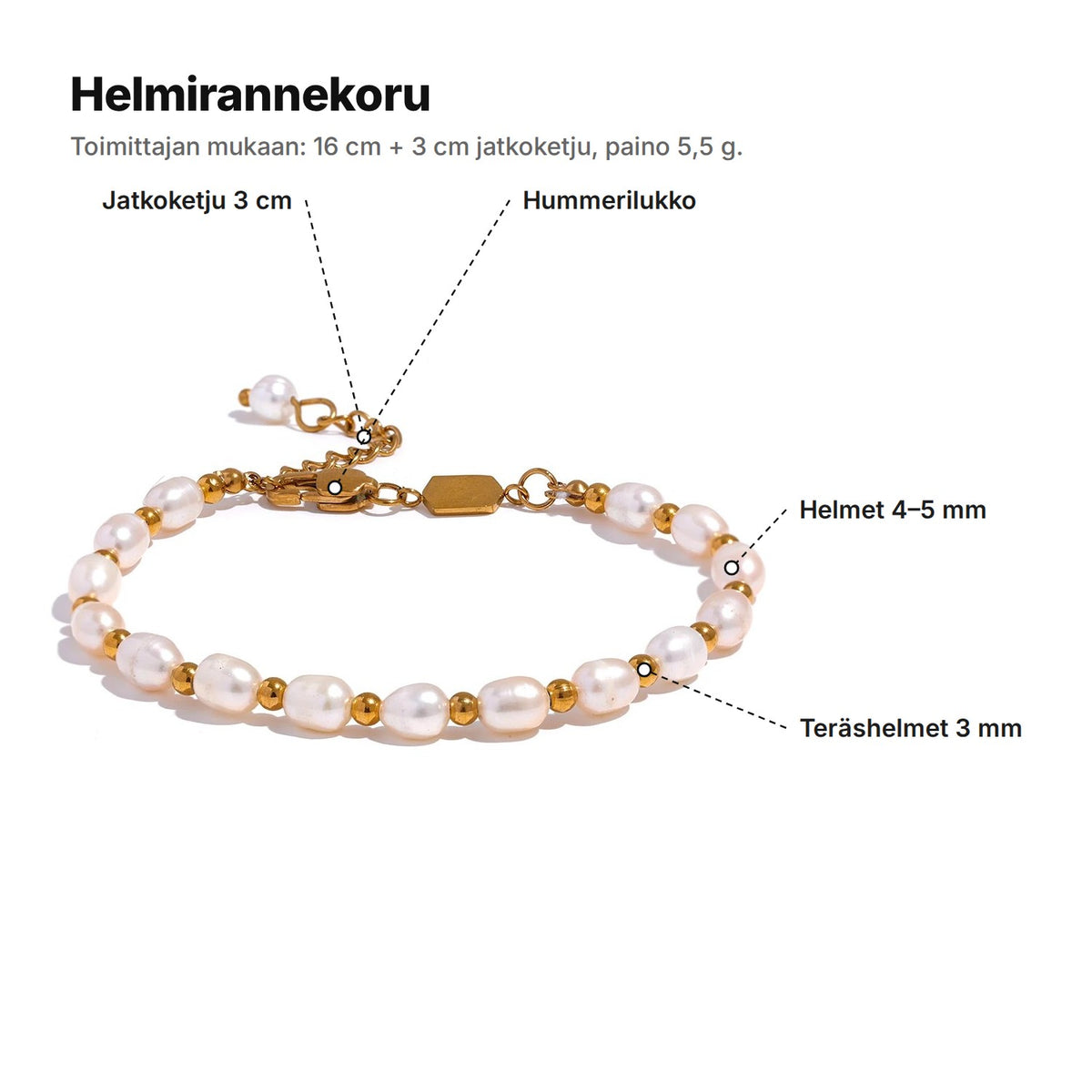 Helmirannekoru selitettynä: jatkoketju 3 cm, hummerilukko, helmet 4–5 mm ja teräshelmet 3 mm