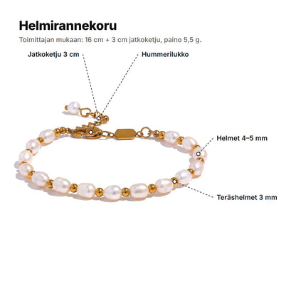 Helmirannekoru selitettynä: jatkoketju 3 cm, hummerilukko, helmet 4–5 mm ja teräshelmet 3 mm