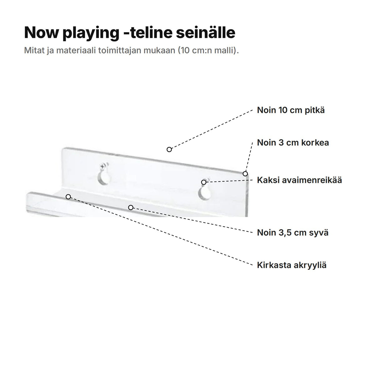 Now playing -teline selitettynä: noin 10 cm pitkä, noin 3 cm korkea, noin 3,5 cm syvä, kaksi avaimenreikää ja kirkasta akryyliä