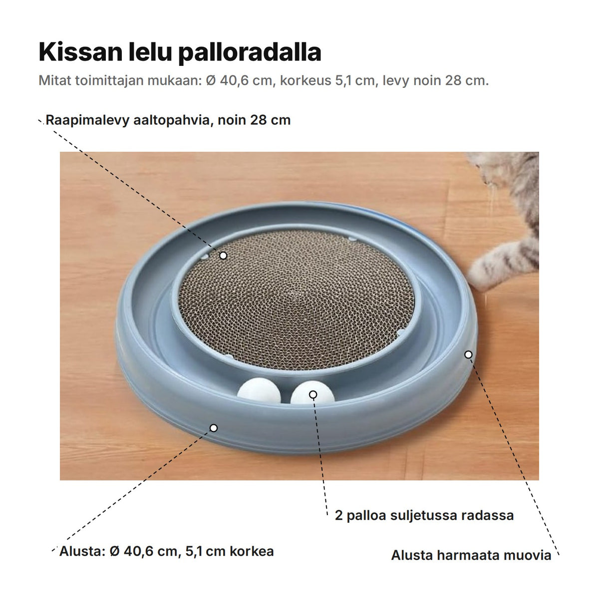 Kissan lelu selitettynä: noin 28 cm:n raapimalevy aaltopahvia, 2 palloa suljetussa radassa, alusta harmaata muovia, Ø 40,6 cm ja 5,1 cm korkea