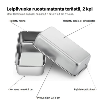 Leipävuoka selitettynä: rullattu reuna, harjattu teräs ilman pinnoitetta, pyöristetyt kulmat, pituus noin 23,4 cm ja korkeus noin 6,4 cm – noin 23,4 × 12,4 × 6,4 cm / vuoka