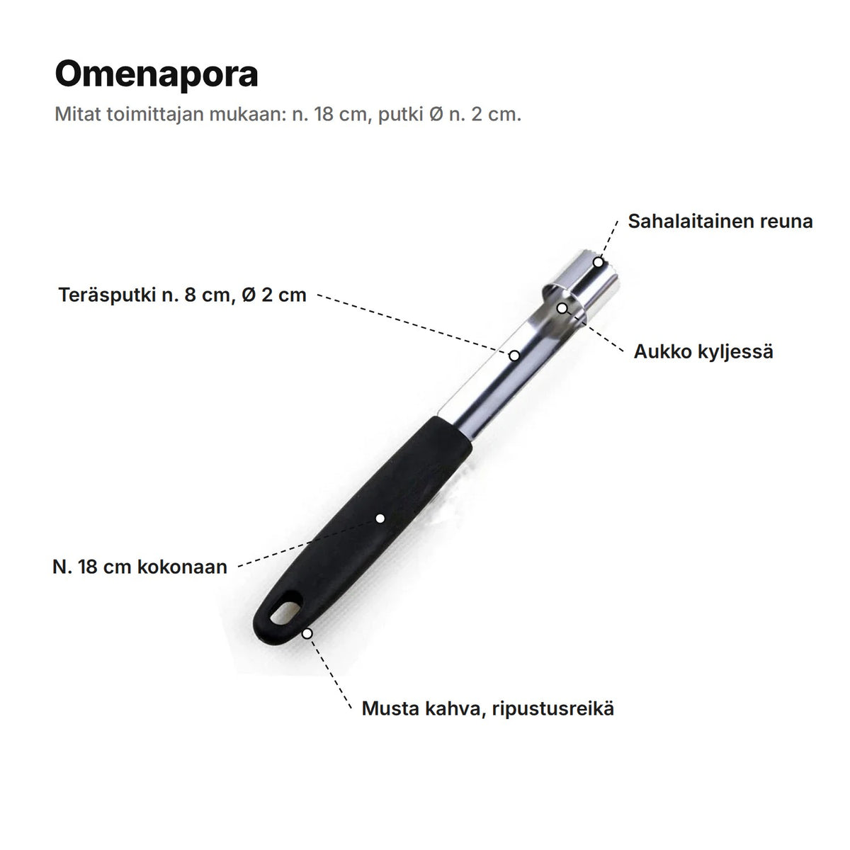 Omenapora selitettynä: sahalaitainen reuna, aukko kyljessä, teräsputki n. 8 cm ja Ø 2 cm, musta kahva ja ripustusreikä, n. 18 cm kokonaan