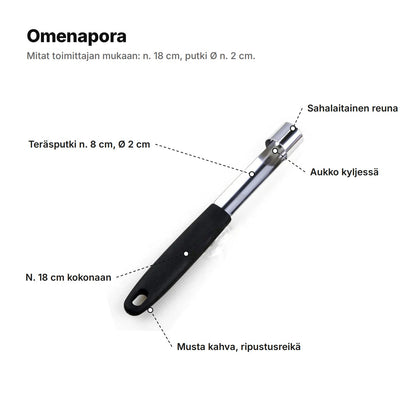 Omenapora selitettynä: sahalaitainen reuna, aukko kyljessä, teräsputki n. 8 cm ja Ø 2 cm, musta kahva ja ripustusreikä, n. 18 cm kokonaan