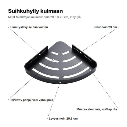 Suihkuhylly selitettynä: kiinnityslevyt seinää vasten, sivut noin 23 cm, rei'itetty pohja, mustaa alumiinia, leveys noin 29,8 cm