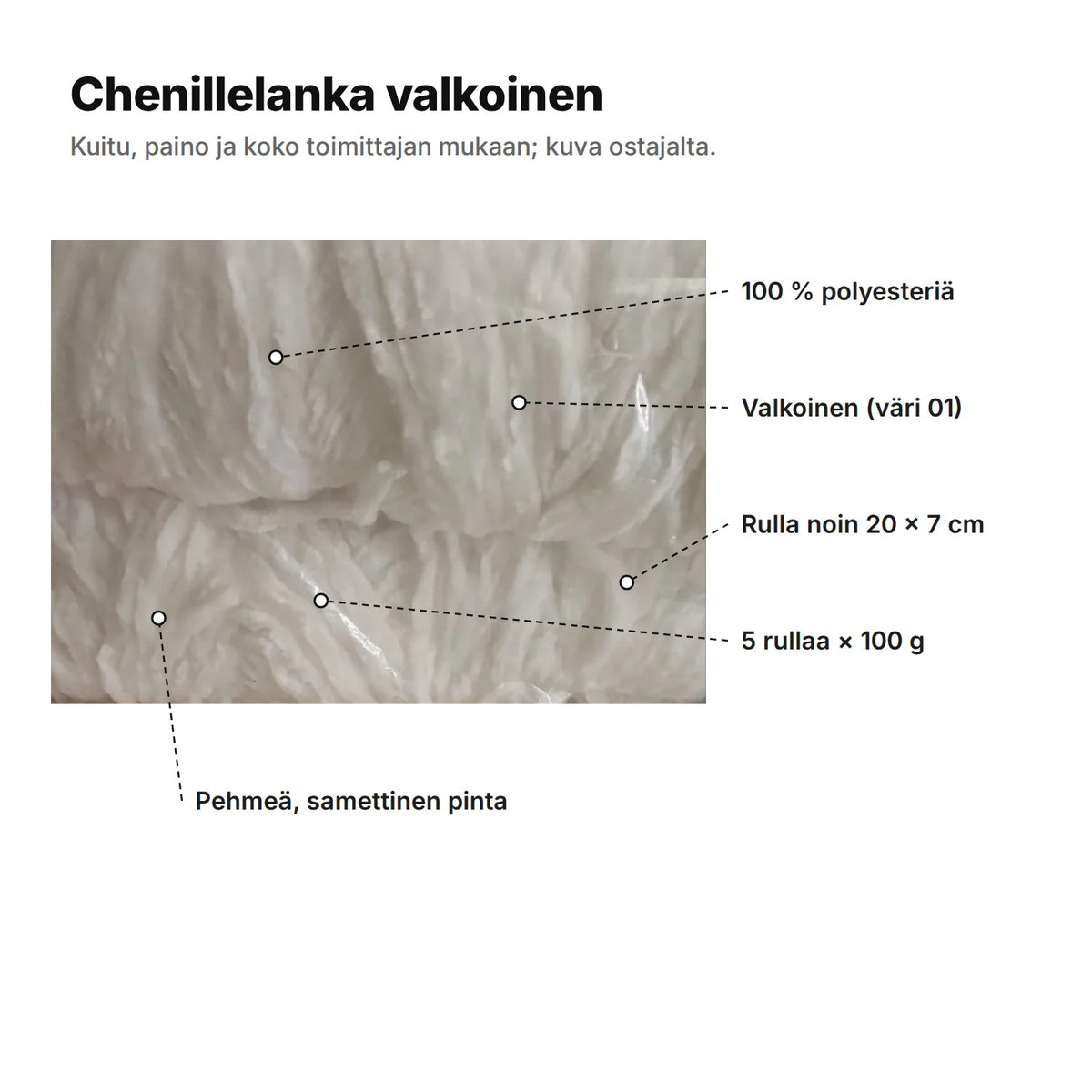 Valkoiset chenillelankarullat pussissa: 100 % polyesteriä, väri 01, rulla noin 20 × 7 cm, 5 rullaa × 100 g