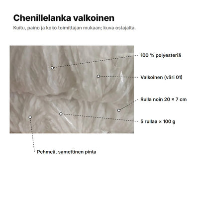 Valkoiset chenillelankarullat pussissa: 100 % polyesteriä, väri 01, rulla noin 20 × 7 cm, 5 rullaa × 100 g