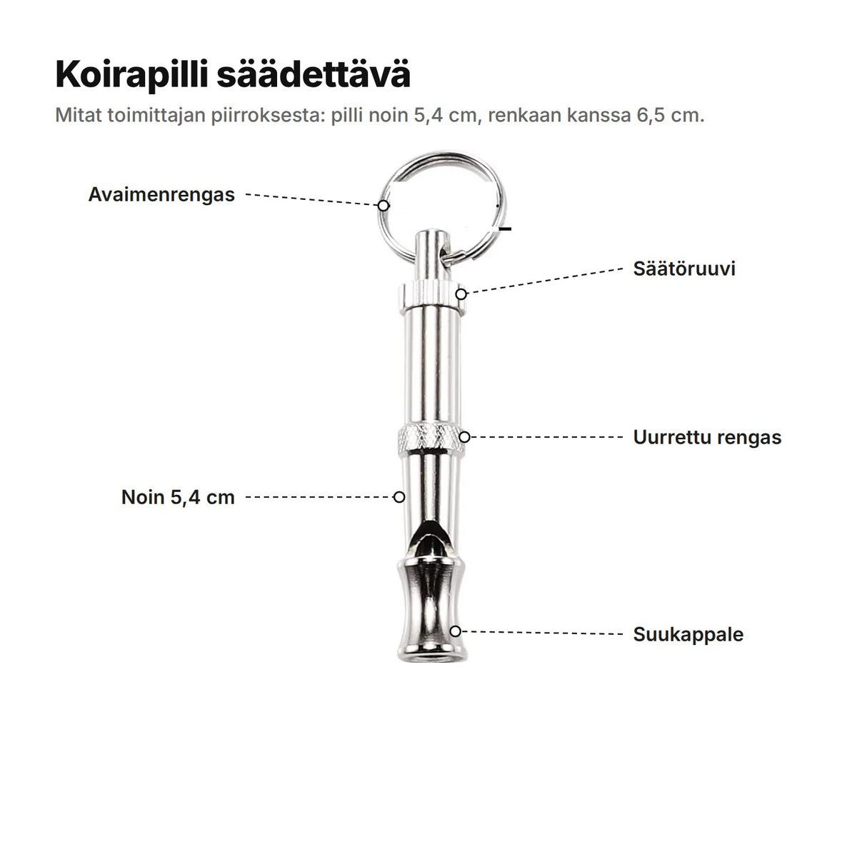 Koirapilli selitettynä: avaimenrengas, säätöruuvi, uurrettu rengas, noin 5,4 cm pitkä runko ja suukappale