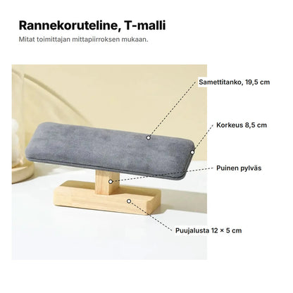 Rannekoruteline T-malli: samettitanko 19,5 cm, korkeus 8,5 cm, puinen pylväs ja puujalusta 12 × 5 cm