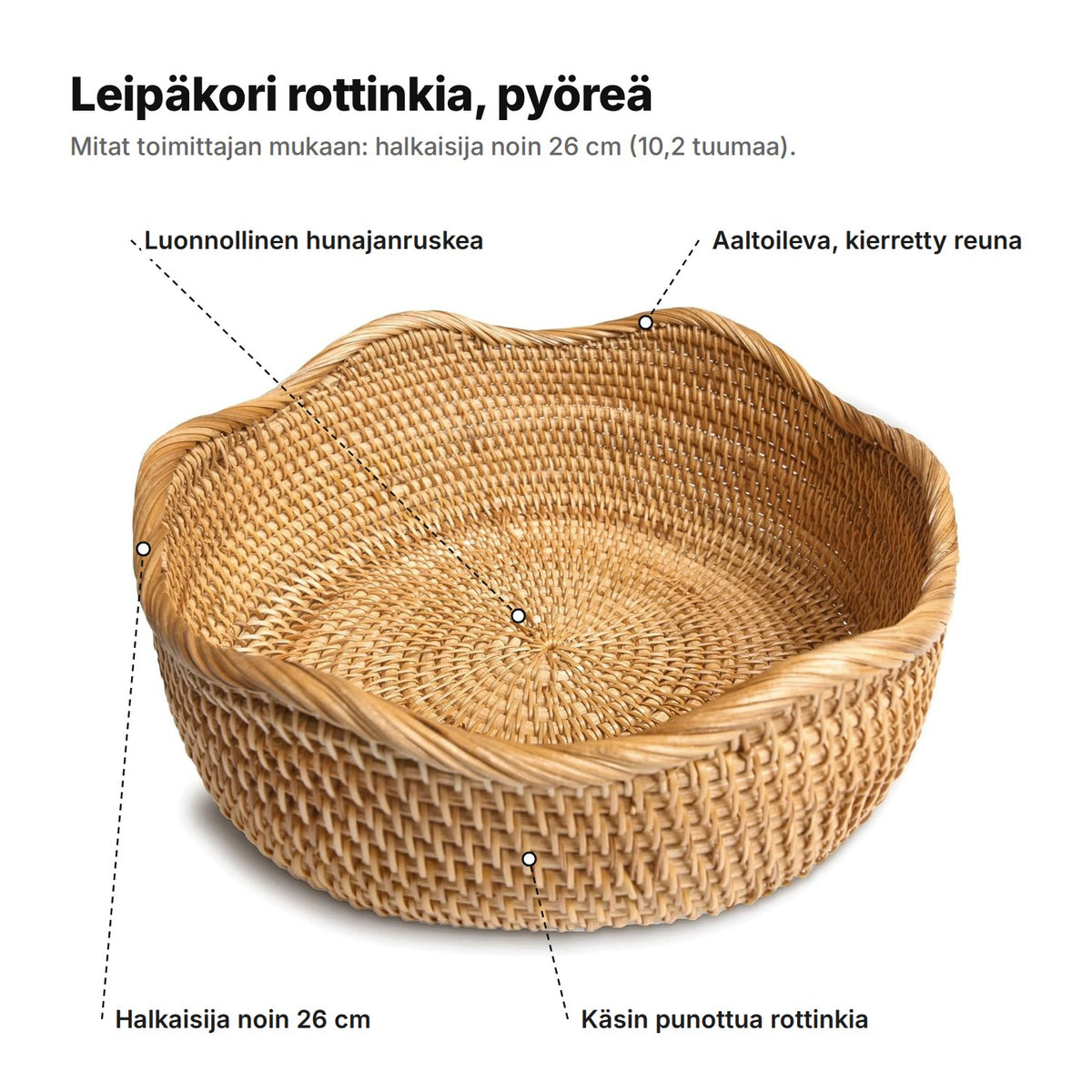 Leipäkori selitettynä: pyöreä, halkaisija noin 26 cm, käsin punottua hunajanruskeaa rottinkia, aaltoileva ja kierretty reuna