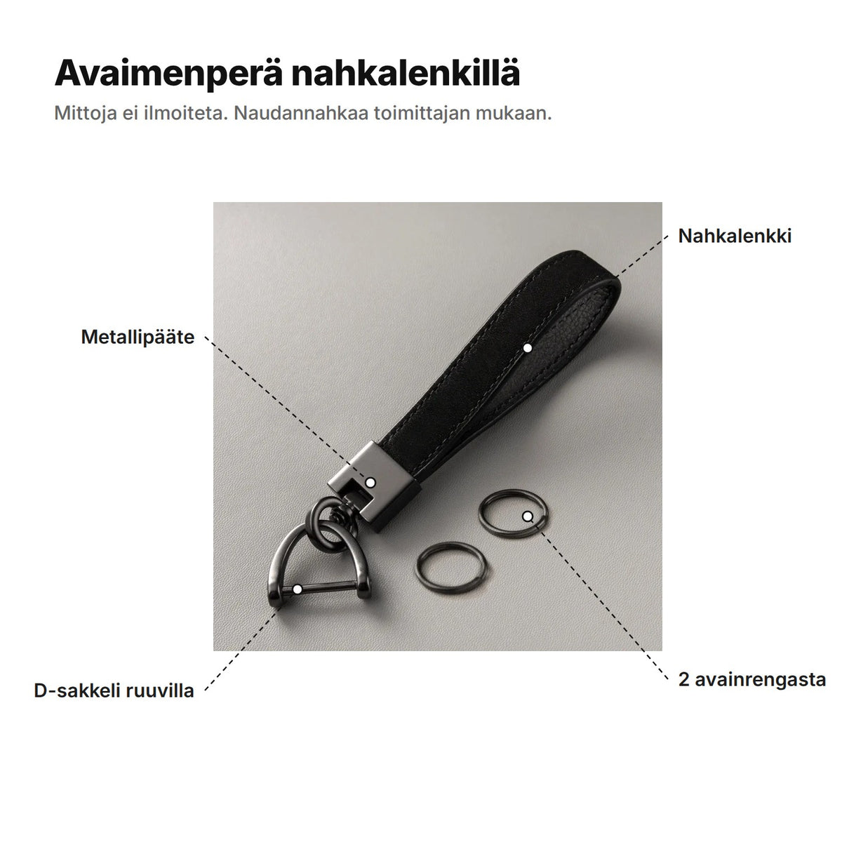 Avaimenperä nahkalenkillä selitettynä: nahkalenkki, metallipääte, D-sakkeli ruuvilla ja 2 avainrengasta