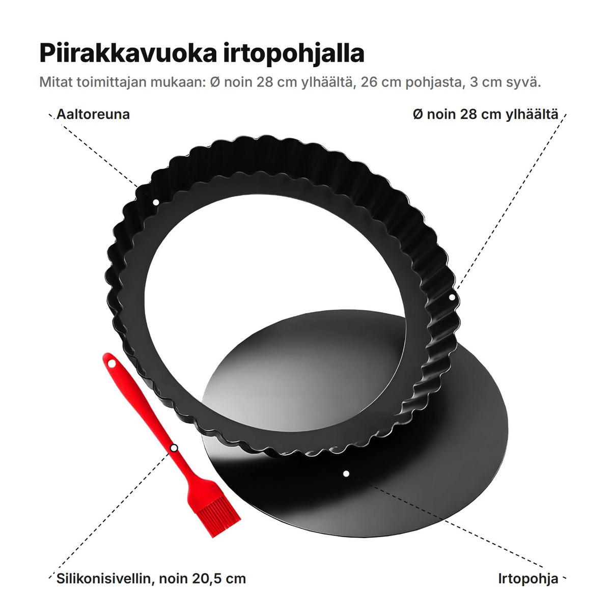 Piirakkavuoka selitettynä: aaltoreuna, Ø noin 28 cm ylhäältä, irtopohja ja noin 20,5 cm:n silikonisivellin – 26 cm pohjasta ja 3 cm syvä