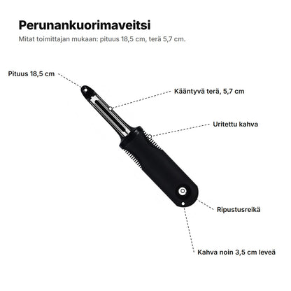 Perunankuorimaveitsi selitettynä: kääntyvä terä 5,7 cm, pituus 18,5 cm, uritettu kahva, ripustusreikä ja kahva noin 3,5 cm leveä