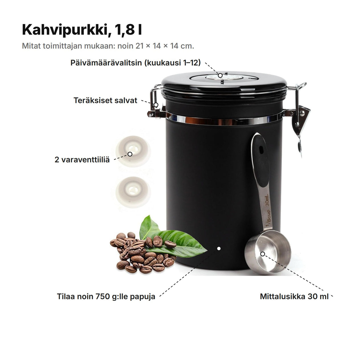 Kahvipurkki selitettynä: päivämäärävalitsin kannessa (kuukausi 1–12), teräksiset salvat, 2 varaventtiiliä, tilaa noin 750 g:lle papuja ja 30 ml:n mittalusikka – noin 21 × 14 × 14 cm