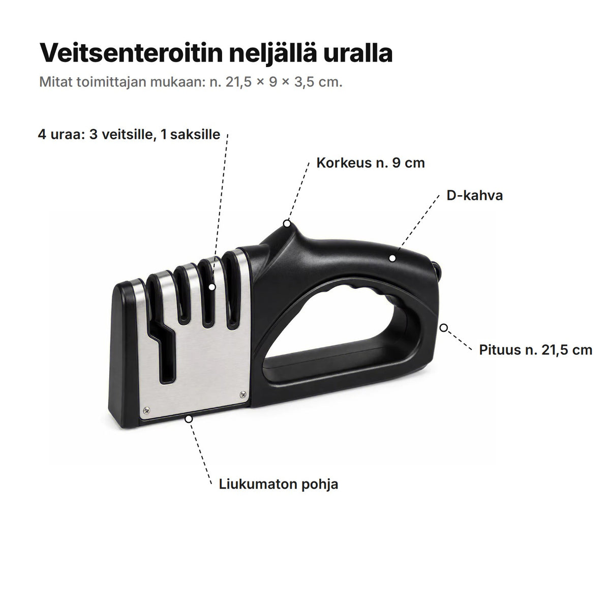 Veitsenteroitin selitettynä: neljä uraa (3 veitsille, 1 saksille), D-kahva, liukumaton pohja, pituus n. 21,5 cm ja korkeus 9 cm