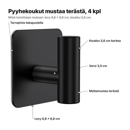 Pyyhekoukku selitettynä: levy 6,8 × 6,8 cm, koukku 5,6 cm korkea, varsi 3,0 cm, mattamustaa terästä ja tarrapinta takapuolella