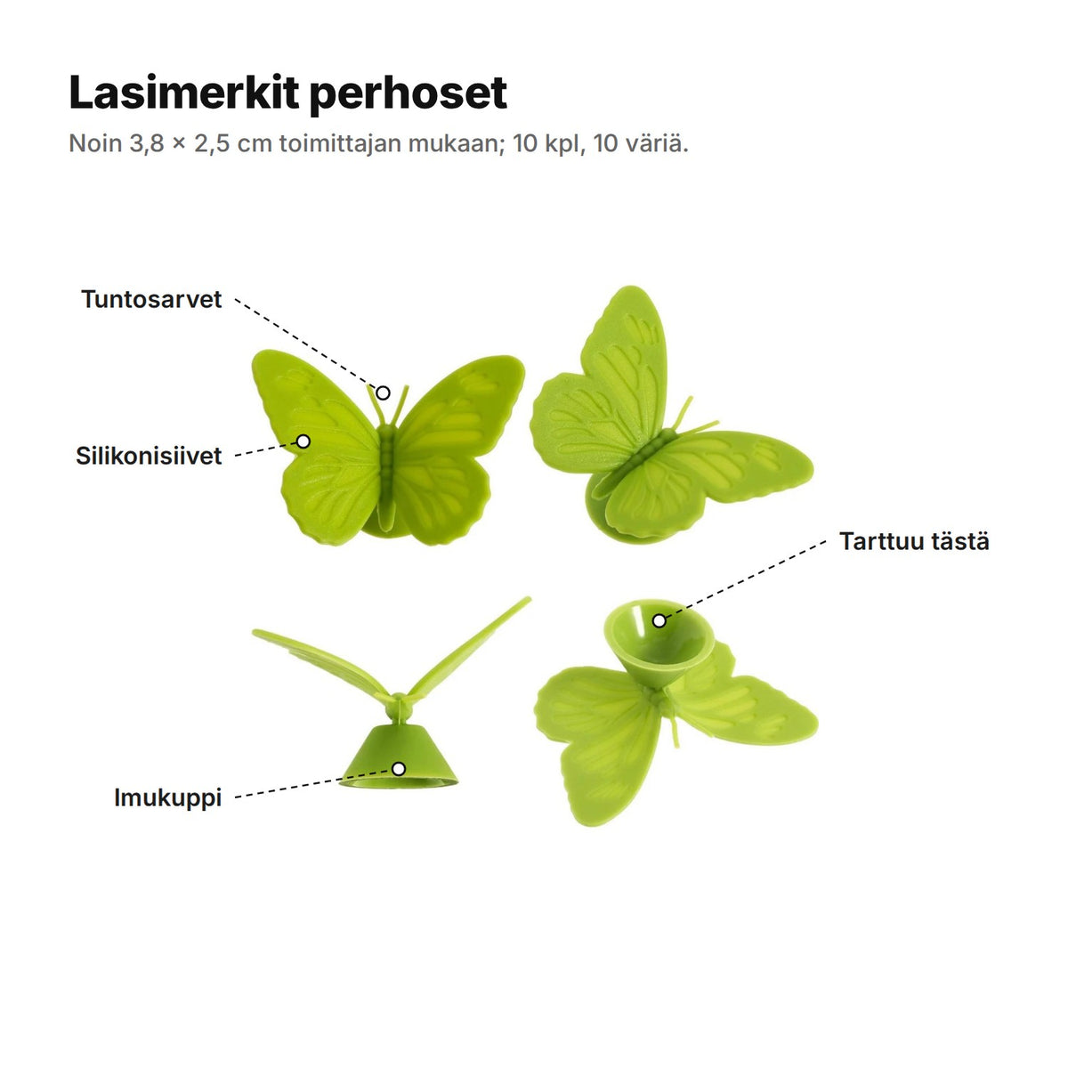 Lasimerkit perhoset osina: tuntosarvet, silikonisiivet, imukuppi ja lasiin tarttuva puoli