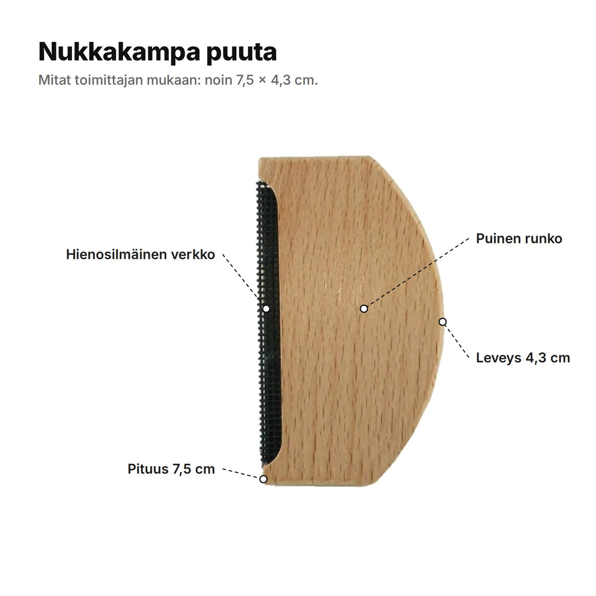 Nukkakampa selitettynä: hienosilmäinen verkko suorassa reunassa, puinen runko, pituus 7,5 cm ja leveys 4,3 cm
