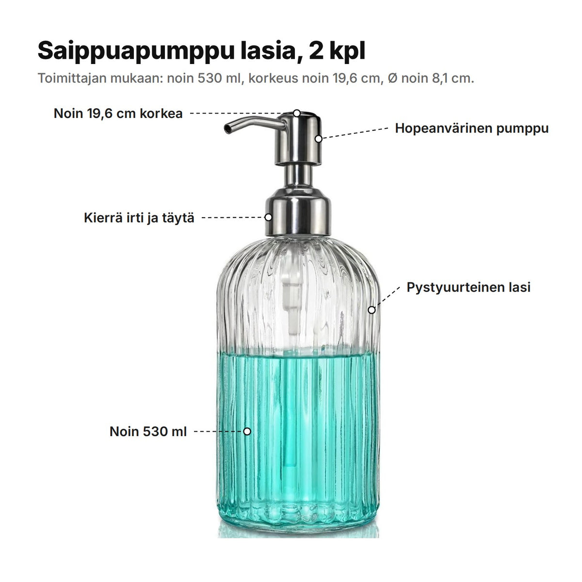 Saippuapumppu selitettynä: noin 19,6 cm korkea, hopeanvärinen pumppu, kierretään irti täyttöä varten, pystyuurteinen lasi, noin 530 ml