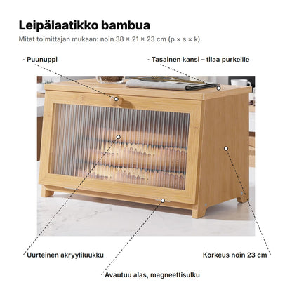 Leipälaatikko selitettynä: puunuppi, tasainen kansi, uurteinen akryyliluukku, alas avautuva luukku magneettisululla, korkeus noin 23 cm – kaikkiaan noin 38 × 21 × 23 cm