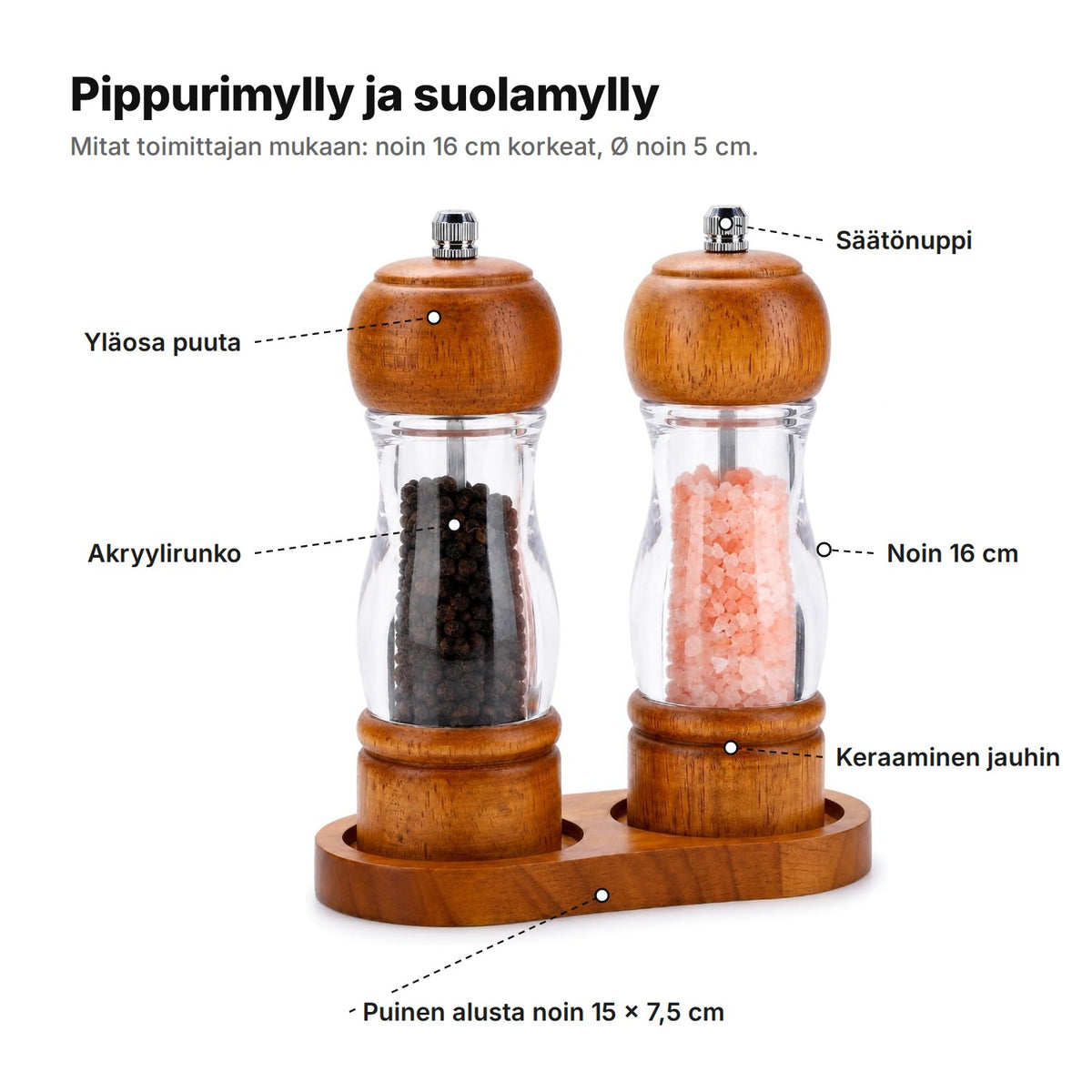 Pippurimylly ja suolamylly selitettynä: säätönuppi, yläosa puuta, akryylirunko, keraaminen jauhin, noin 16 cm korkeat, puinen alusta noin 15 × 7,5 cm