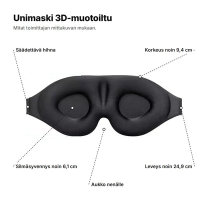 Unimaski 3D-muotoiltu selitettynä: säädettävä hihna, korkeus noin 9,4 cm, silmäsyvennys noin 6,1 cm, aukko nenälle ja leveys noin 24,9 cm