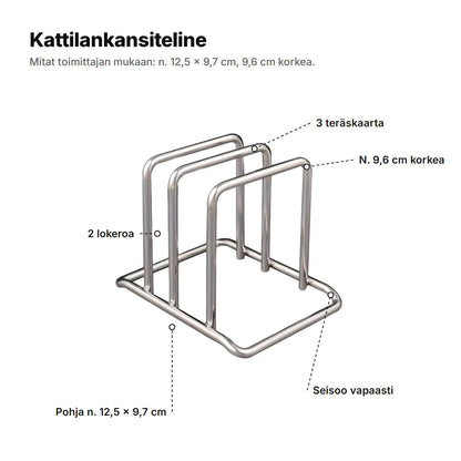 Kattilankansiteline selitettynä: 3 teräskaarta, 2 lokeroa, n. 9,6 cm korkea ja pohja n. 12,5 × 9,7 cm