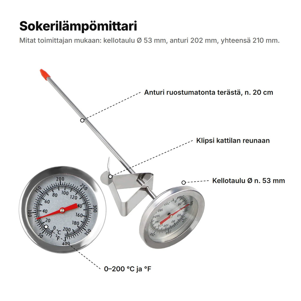 Sokerilämpömittari selitettynä: anturi ruostumatonta terästä n. 20 cm, klipsi kattilan reunaan, kellotaulu Ø n. 53 mm ja asteikko 0–200 °C ja °F