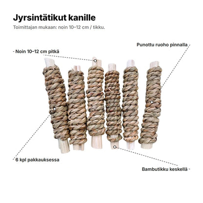 Jyrsintätikut kanille selitettyinä: noin 10–12 cm pitkät, 6 kpl, punottu ruoho pinnalla ja bambutikku keskellä