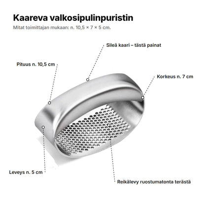 Valkosipulinpuristin selitettynä: sileä kaari, reikälevy ruostumatonta terästä, pituus n. 10,5 cm, korkeus 7 cm ja leveys 5 cm