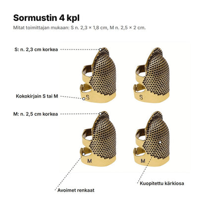 Sormustin 4 kpl selitettynä: koko S noin 2,3 cm ja M noin 2,5 cm korkea, kokokirjain, avoimet renkaat ja kuopitettu kärkiosa