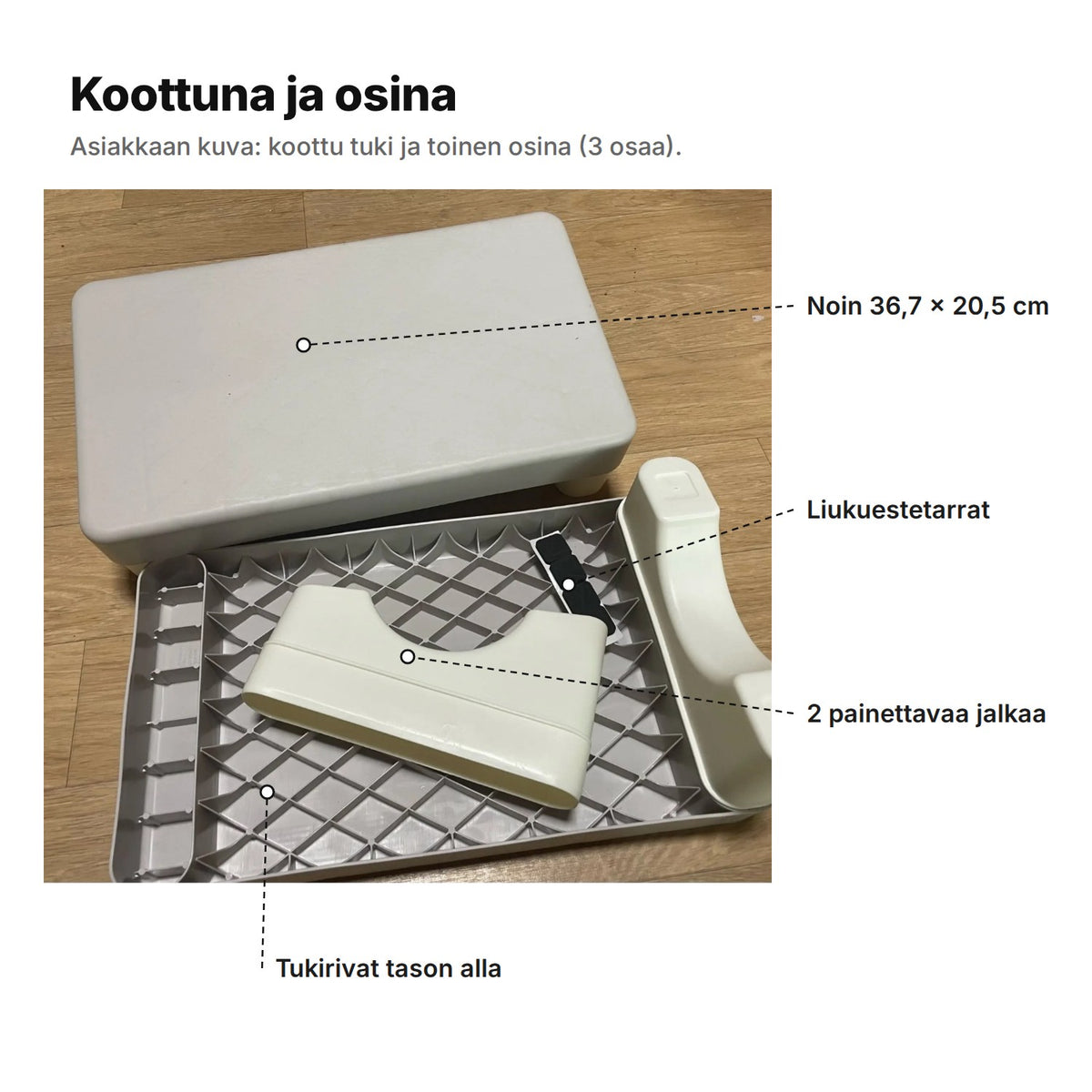 Asiakkaan kuva koottuna ja osina: taso noin 36,7 × 20,5 cm, liukuestetarrat, 2 painettavaa jalkaa ja tukirivat tason alla