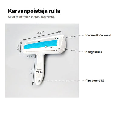 Karvanpoistaja rulla selitettynä: karvasäiliön kansi, kangasrulla, ripustusreikä; noin 19,5 cm leveä