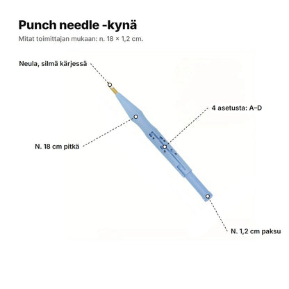 Punch needle -kynä selitettynä: neula ja silmä kärjessä, n. 18 cm pitkä, 4 asetusta A–D, n. 1,2 cm paksu