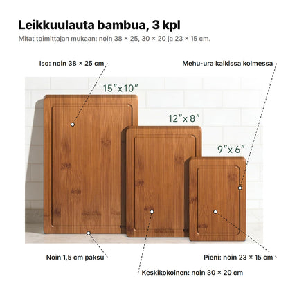 Leikkuulaudat selitettynä: iso noin 38 × 25 cm, keskikokoinen noin 30 × 20 cm, pieni noin 23 × 15 cm, mehu-ura kaikissa, noin 1,5 cm paksu